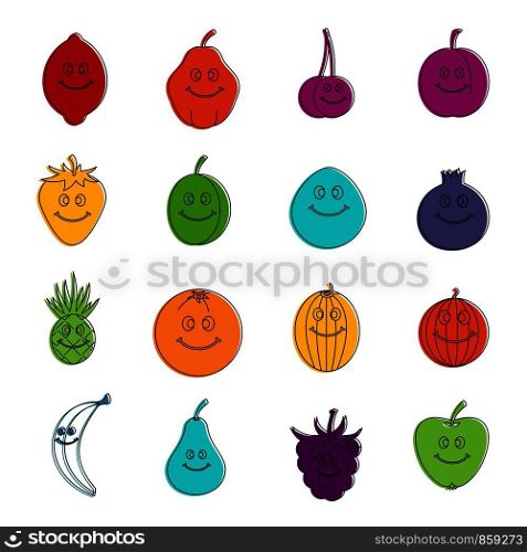 Smiling fruit icons set. Doodle illustration of vector icons isolated on white background for any web design. Smiling fruit icons doodle set