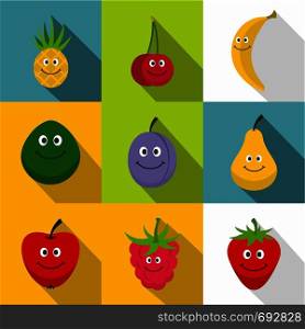 Smiling fruit icons set. Flat set of 9 smiling fruit vector icons for web with long shadow. Smiling fruit icons set, flat style