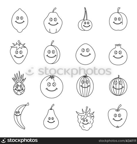 Smiling fruit icons set. Outline illustration of 16 smiling fruit vector icons for web. Smiling fruit icons set, outline style