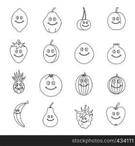Smiling fruit icons set. Outline illustration of 16 smiling fruit vector icons for web. Smiling fruit icons set, outline style