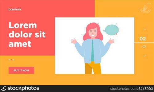 Smiling girl and empty speech bubble. Hand, speaking, conversation flat vector illustration. Communication and message concept for banner, website design or landing web page
