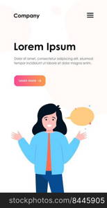 Smiling girl and empty speech bubble. Hand, speaking, conversation flat vector illustration. Communication and message concept for banner, website design or landing web page