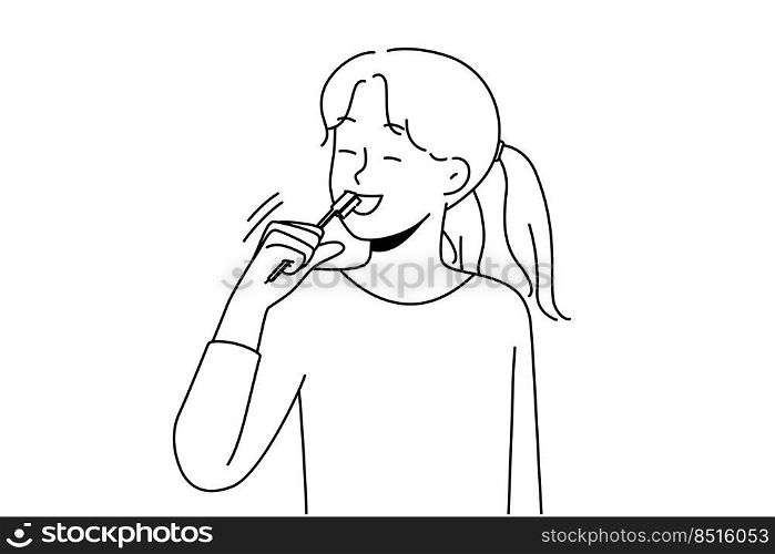 Smiling girl brushing teeth take care of oral hygiene. Happy child morning daily routine clean tooth. Healthcare and childcare. Vector illustration. . Smiling girl brushing teeth 