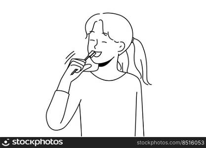 Smiling girl brushing teeth take care of oral hygiene. Happy child morning daily routine clean tooth. Healthcare and childcare. Vector illustration. . Smiling girl brushing teeth 