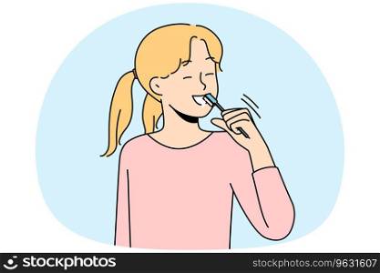 Smiling girl brushing teeth take care of oral hygiene. Happy child morning daily routine clean tooth. Healthcare and childcare. Vector illustration.. Smiling girl brushing teeth
