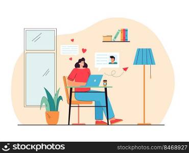 Smiling girl chatting online at dating website on computer. Woman using laptop searching love on internet, communicating with romantic partner or boyfriend. Flat vector illustration.