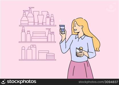 Smiling girl choose beauty product tube from shelf in store. Happy young woman buy cosmetic bottle or perfume from cosmetology store. Skincare and facial treatment. Vector illustration. . Smiling girl buy beauty product in store