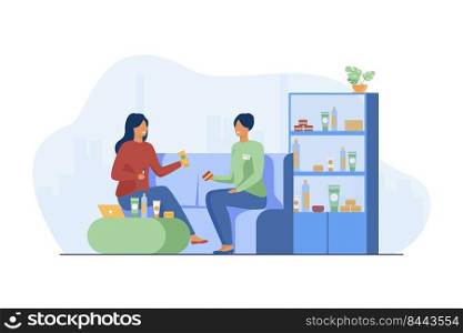 Smiling girl choosing cosmetics and skincare cream. Consultant, client, conversation flat vector illustration. Communication and make-up store concept for banner, website design or landing web page
