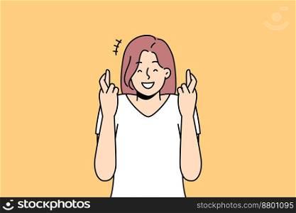 Smiling girl cross fingers make wish. Happy young woman feel hopeful believe in good things, asking for dream come true. Superstition. Vector illustration. . Smiling girl cross fingers make wish