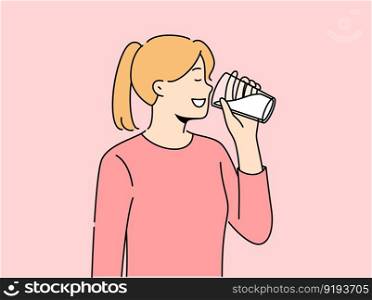 Smiling girl drinking milk from glass. Happy woman enjoy dairy product for calcium and nutrition organic diet. Vector illustration. . Smiling girl drink milk from glass