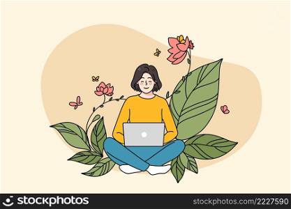 Smiling girl freelancer work online on computer on flower green background. Happy young woman use laptop for remoter job on internet in nature. Distant education. Flat vector illustration. . Smiling girl work on computer on flowery background 