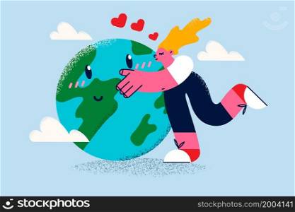 Smiling girl hug kiss planet earth show care and love to environment and nature. Happy young woman embrace globe think of ecological and environment safety. Green activist. Vector illustration. . Woman hug kiss planet earth take care of environment