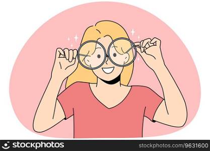 Smiling girl in big glasses for sight correction. Happy child wear spectacles for better eyesight. Optics concept. Vector illustration.. Smiling girl in big glasses