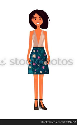 Smiling girl in cute top on breast and blue skirt in flowers vector summer mode collection isolated on white. Woman on high heels in modern clothes. Smiling Girl in Cute Top and Skirt Summer Mode