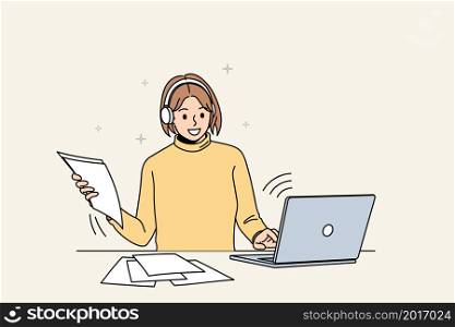 Smiling girl in earphones study online on computer with school paperwork material. Happy woman take web course on laptop, have webcam video class on gadget. Distant education. Vector illustration. . Smiling girl study online from home on computer