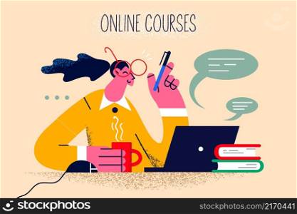 Smiling girl in glasses use computer take online course on lockdown at home. Happy woman study on web on laptop, have training on internet. Distant education. Flat vector illustration. . Smiling girl study online on computer
