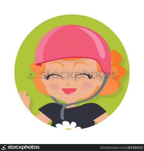 Smiling Girl in Pink Helmet. Simple Cartoon Style. Illustration of isolated girl with short wavy red hair. Portrait of nice female person in dark t-shirt and round pink helmet. Flush on face. Simple cartoon style. Front view. Flat design. Vector