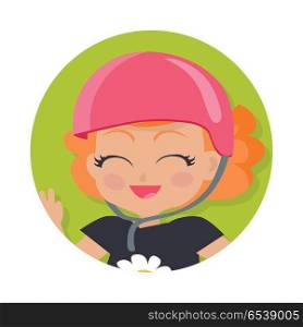 Smiling Girl in Pink Helmet. Simple Cartoon Style. Illustration of isolated girl with short wavy red hair. Portrait of nice female person in dark t-shirt and round pink helmet. Flush on face. Simple cartoon style. Front view. Flat design. Vector