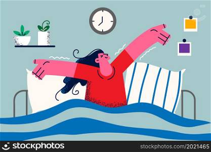 Smiling girl lying in bed at home wake up meeting new sunny happy day. Optimistic excited young woman awaken in cozy bedroom. Good morning concept. Relaxation and rest. Vector illustration. . Happy woman wake up in bed at home in morning