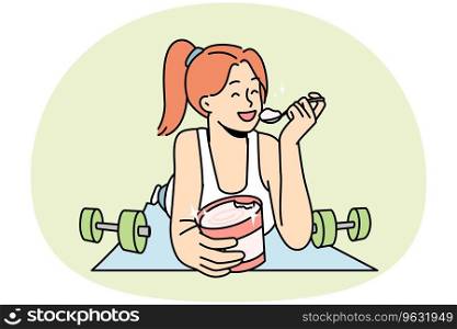 Smiling girl lying on fitness mat eating ice cream. Happy young woman quit sport enjoy dessert from jar. Diet and nutrition. Vector illustration.. Smiling woman lying on fitness mat eating ice cream
