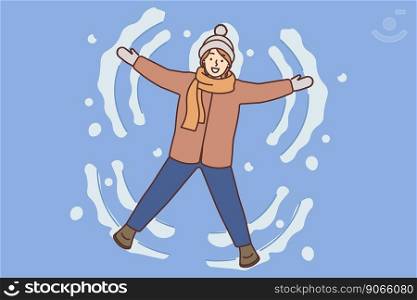 Smiling girl lying on ground making snow angel. Happy child have fun enjoy leisure activity on winter holidays. Vector illustration. . Smiling girl make snow angel on winter ground