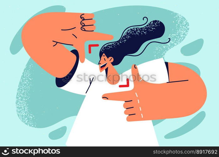 Smiling girl make hand gesture taking self-portrait picture. Happy woman making selfie with hands frame. Photography. Vector illustration. . Smiling woman make frame with hands take selfie 