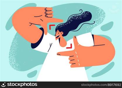 Smiling girl make hand gesture taking self-portrait picture. Happy woman making selfie with hands frame. Photography. Vector illustration. . Smiling woman make frame with hands take selfie 