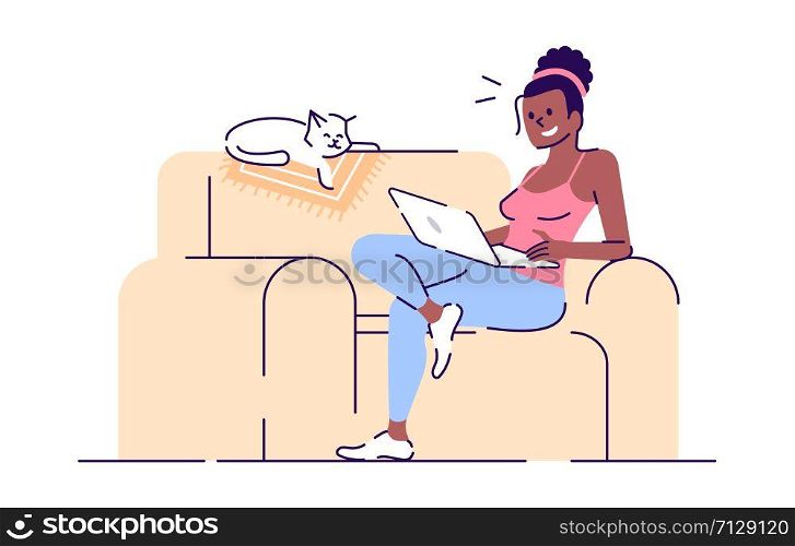 Smiling girl on sofa with laptop flat vector illustration. Freelancer at work. Lady and sleeping cat on couch isolated cartoon characters with outline elements on white background