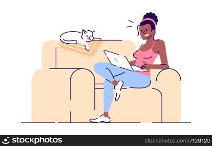 Smiling girl on sofa with laptop flat vector illustration. Freelancer at work. Lady and sleeping cat on couch isolated cartoon characters with outline elements on white background