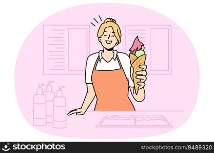 Smiling girl seller stretch hand with ice-cream from street vendor. Happy woman give frozen dessert. Commerce and small business. Vector illustration.. Smiling woman selling ice-cream