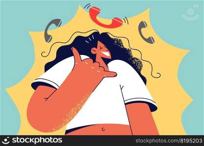 Smiling girl show call me back hand gesture. Happy woman use body languages asking to call on cellphone. Vector illustration.. Happy woman show call me gesture