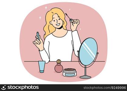 Smiling girl sit at table doing makeup put mascara. Happy young woman look in mirror apply beauty cosmetics products. Daily routine and preparation. Cosmetology. Vector illustration.. Smiling girl doing makeup looking in mirror