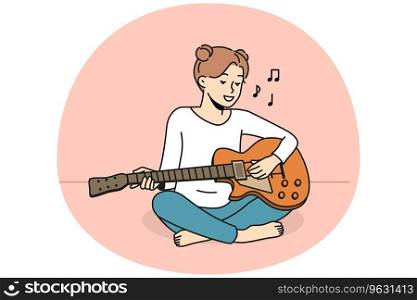 Smiling girl sit on floor playing guitar. Happy female enjoy musical lesson with instrument. Hobby and entertainment. Vector illustration.. Smiling girl playing guitar
