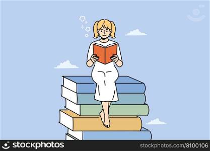 Smiling girl sit on stack of books reading. Happy child on pile of textbooks enjoy literature. Bookworm and education. Vector illustration. . Smiling girl read book sitting on textbooks pile 