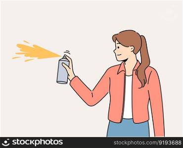 Smiling girl spray paint on wall background. Happy woman with bottle spraying creating graffiti on wall. Hobby and art. Vector illustration. . Smiling girl spray with paint on wall 