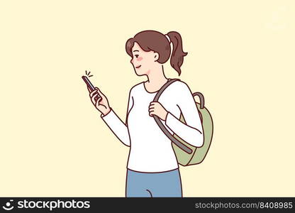 Smiling girl student with backpack using modern smartphone communicating online. Happy woman with cellphone browsing social networks on gadget. Flat vector illustration.. Smiling girl with cellphone browsing internet