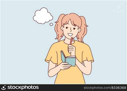 Smiling girl take notes in notebook make plans or dreams. Happy child handwrite in notepad brainstorming or daydreaming. Vector illustration. . Smiling girl write in notebook dreaming 