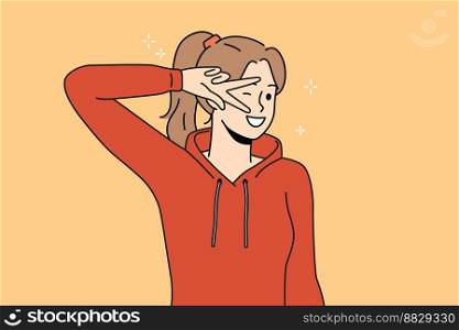 Smiling girl teenager show hand gesture feeling optimistic and joyful. Happy woman in hoodie have fun make facial expression. Vector illustration. . Smiling teenager show hand gesture 