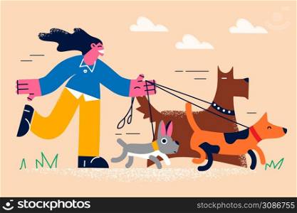 Smiling girl walker running with dogs on lead. Happy young woman walking pets puppies outdoors. Domestic animal care concept. Flat vector illustration, cartoon character. . Smiling girl walking dogs on lead outdoors