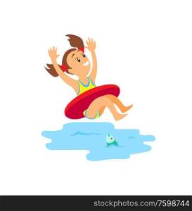 Smiling girl wearing swimsuit with hands up jumping in water with fish, teenager portrait view in inflatable circle, young person enjoying swimming vector. Young Girl Swimming with Inflatable Circle Vector