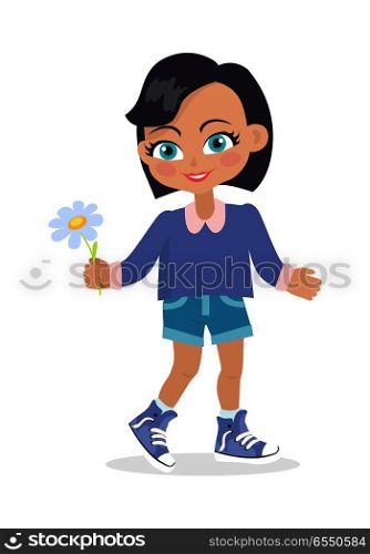 Smiling girl with black bob haircut with dark forelock. Nice female person with chamomile flower. Green eyes. Cartoon style. Kindergarten concept. Spring beauty. Flat design. Vector illustration. Smiling Girl with Black Bob Haircut Dark Forelock