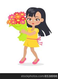 Smiling Girl with Colourful Bouquet of Flowers.. Smiling girl with black long hair with colourful bouquet of flowers. Nice female person in yellow dress with closed eyes. Cartoon style. Kindergarten lady avatar. Flat design. Vector illustration
