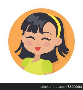 Smiling Girl with Dark Hair and Forelock. Red lips. Smiling girl with black bob haircut avatar userpic. Dark forelock. Portrait of nice female person in bright blouse. Closed eyes. Simple cartoon style. Front view. Flat design. Vector illustration