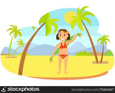 Smiling girl with flower in hair, child standing on sand in swimsuit holding towel on back, mountain landscape and sunny weather, palm trees vector. Girl with Towel on Sand, Mountain Landscape Vector