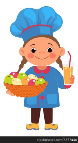 Smiling girl with healthy food. Chef kid with fruits and juice isolated on white background. Smiling girl with healthy food. Chef kid with fruits and juice