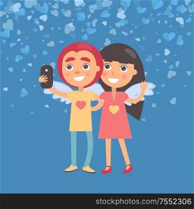 Smiling girlfriend and boyfriend making selfie. Girl and boy with wings, woman waving hand and hugging man. Blue Valentine card decorated by hearts vector. Girlfriend and Boyfriend Making Selfie Vector