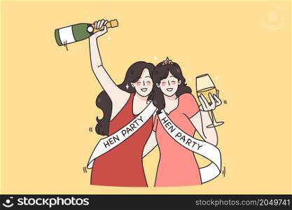 Smiling girlfriends drink champagne celebrate hen party together. Happy young women in dressed have fun at bachelorette celebration. Marriage and engagement. Bride to be. Flat vector illustration. . Happy girls have fun celebrate hen party