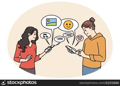 Smiling girlfriends using cellphones communicating online on social media. Happy girls chat text on internet on smartphones, send share messages on devices. Communication. Vector illustration.. Smiling girls communicate online on smartphones