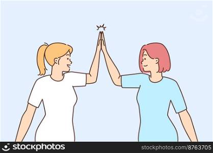 Smiling girls give high fives celebrating shared success or win. Happy girlfriend engaged greeting outdoors. Nonverbal communication. Vector illustration. . Smiling girl give high fives celebrate success