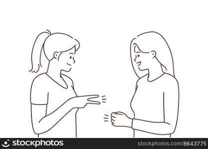 Smiling girls have fun playing hand game together. Happy women enjoy funny activity. Entertainment concept. Vector illustration. . Smiling girls playing hand game 